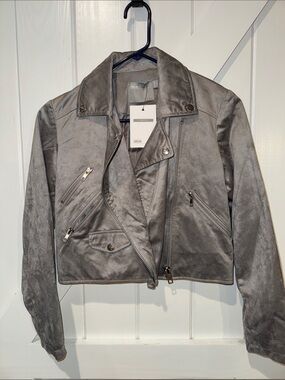 ASOS Petite Gray Faux Suede Moto Jacket Cropped Biker Jacket NWT US 0